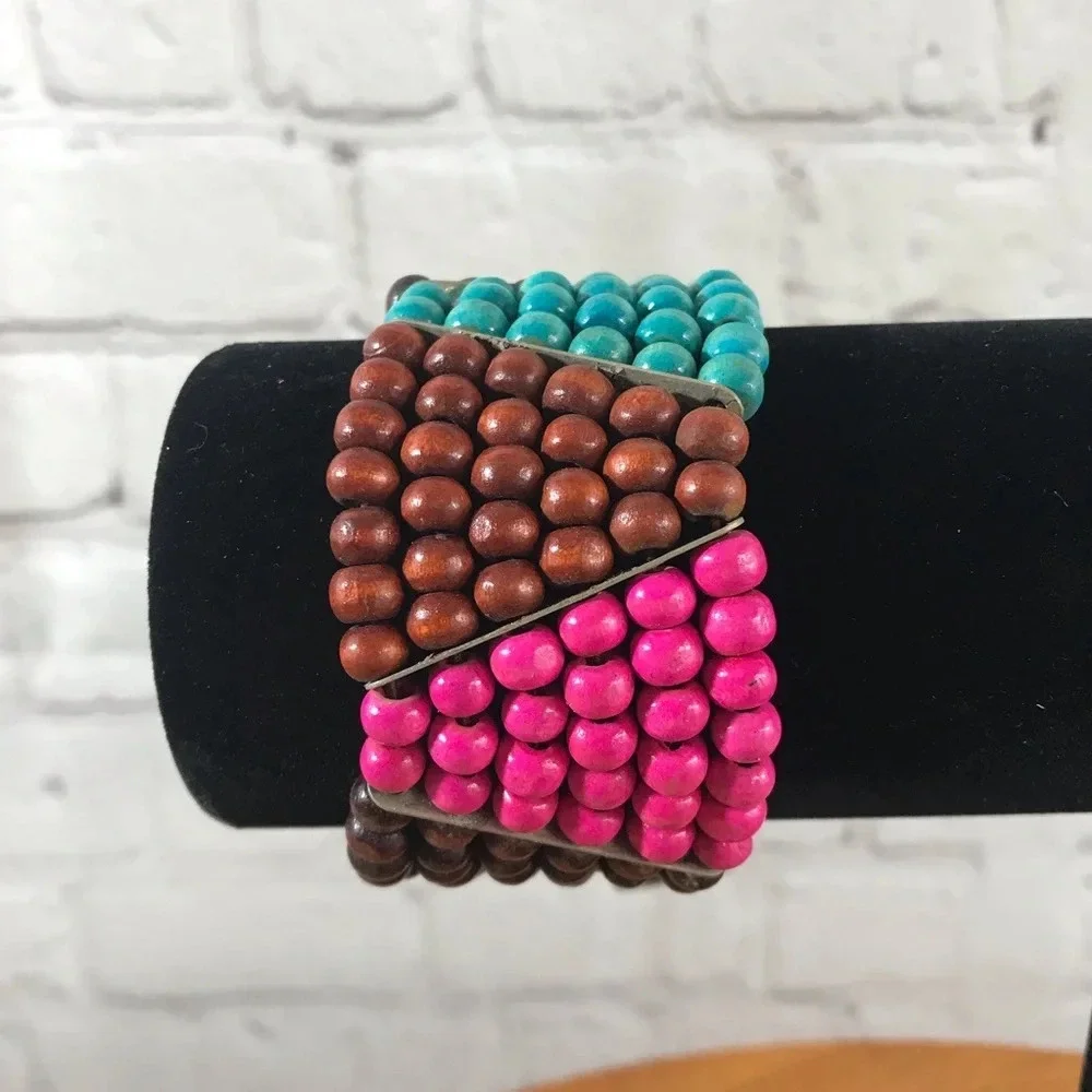 Pink, Aqua, and Brown Wood Bead Fashion Stretch Bracelet - New with Tag - Picture 1 of 6